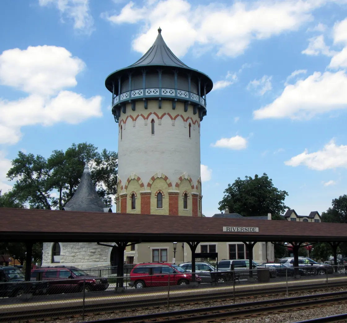The historic water tower next to the Riverside Metra station in Riverside, Illinois