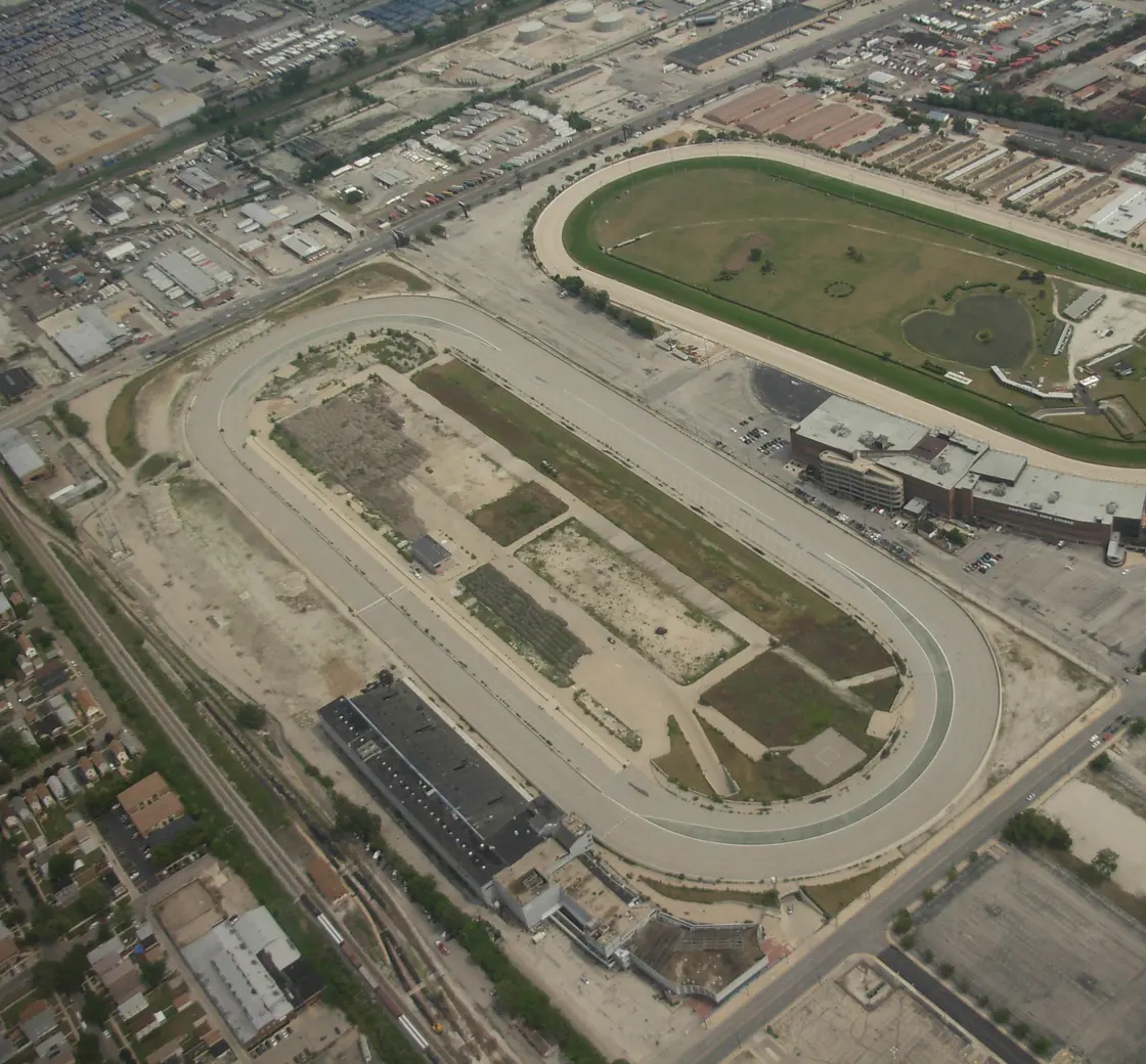 Aerial view of Hawthorne Race Course and the former Chicago Motor Speedway in Stickney and Cicero, Illinois